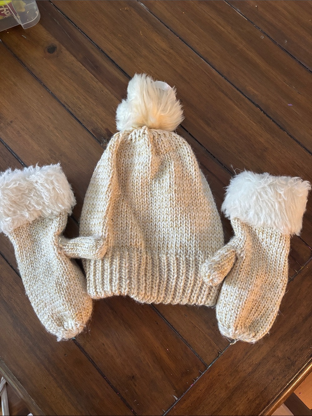 Cozy Cream Knit Pom-Pom Hat & Mittens Set - Kids Accessories